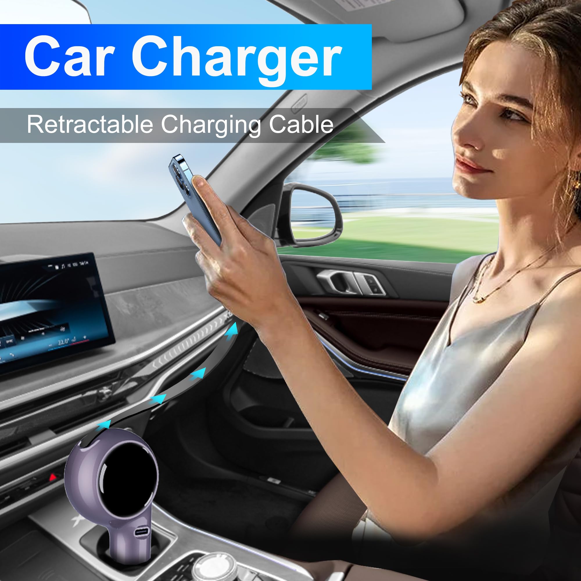 Fast Charging Car Charger with USB-C Retractable Cable