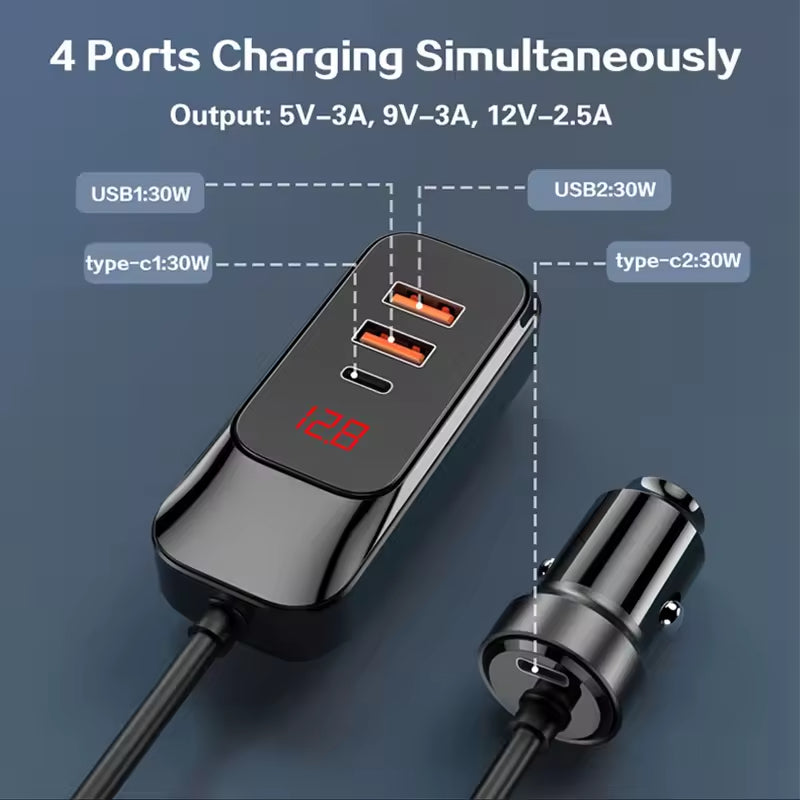 Car Charger 4-Port 120W max,with 1.5m Extension Cable for Rear Seats