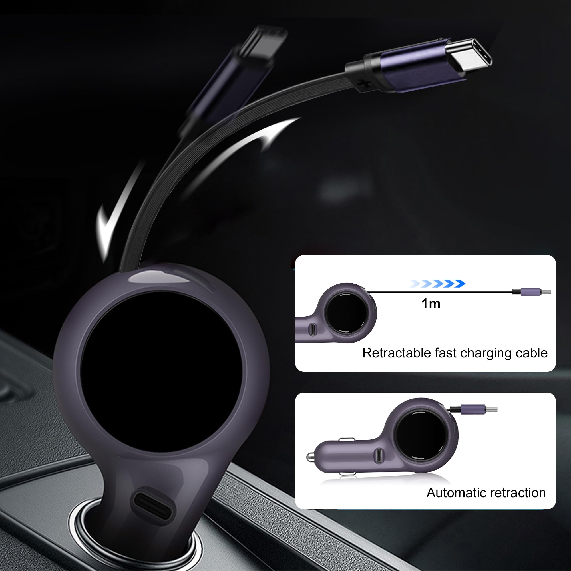 Fast Charging Car Charger with USB-C Retractable Cable