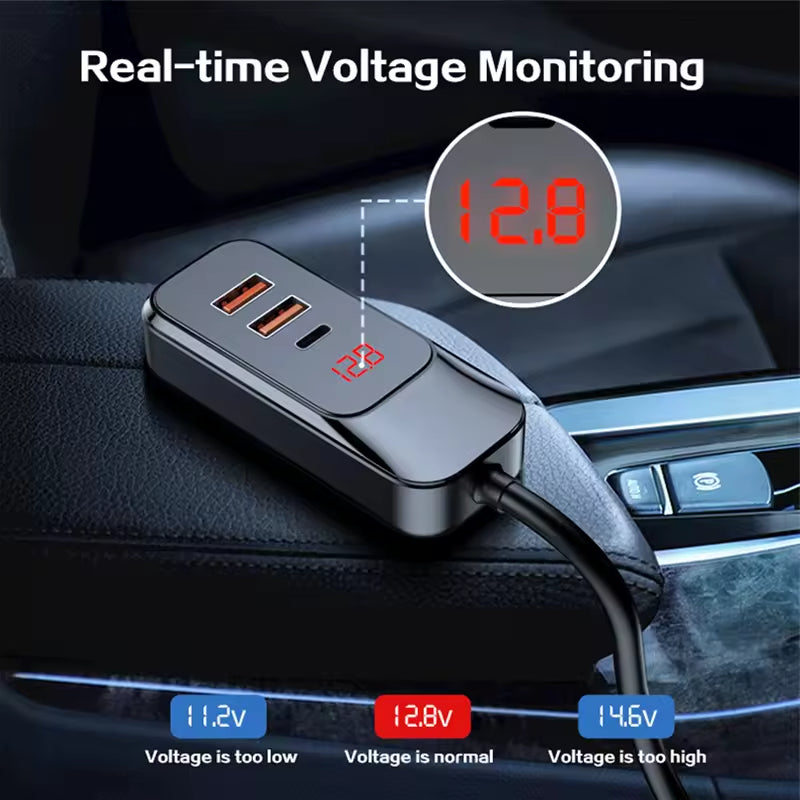 Car Charger 4-Port 120W max,with 1.5m Extension Cable for Rear Seats