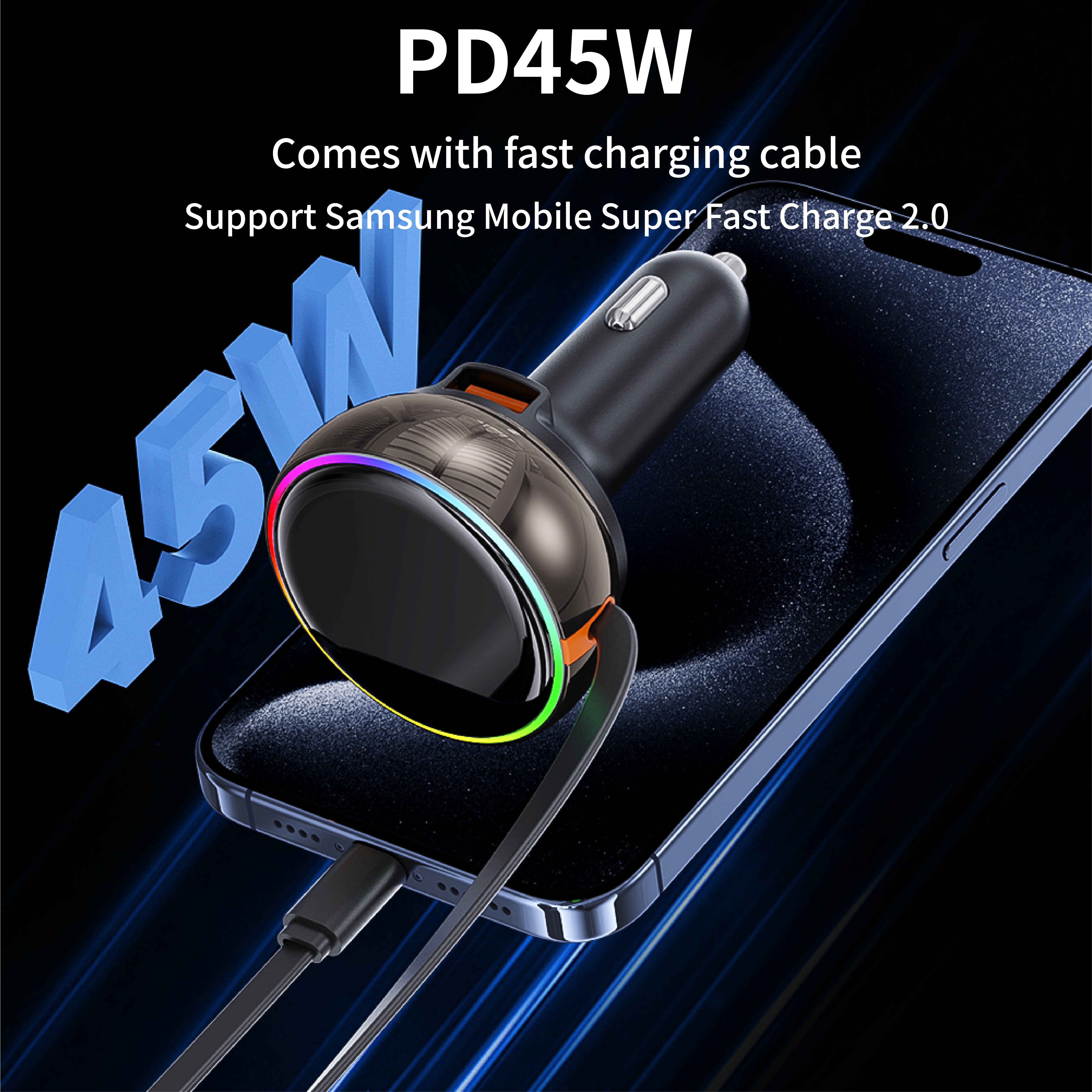 PD45W 3 in 1 Retractable Cable Car Charger