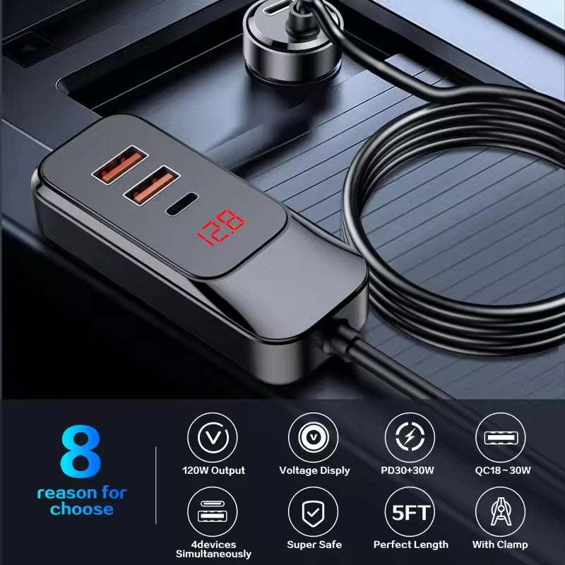 Car Charger 4-Port 120W max,with 1.5m Extension Cable for Rear Seats