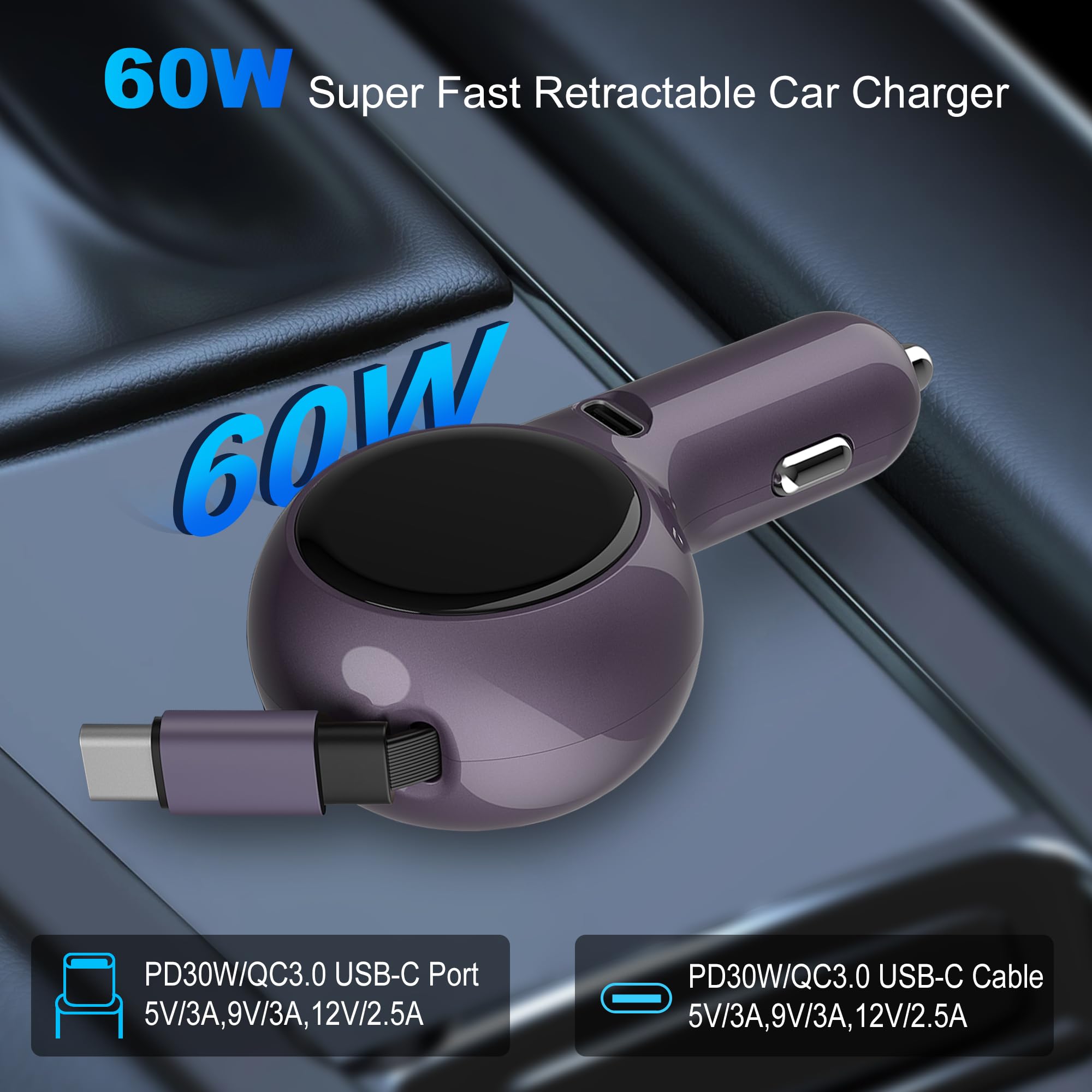 Fast Charging Car Charger with USB-C Retractable Cable