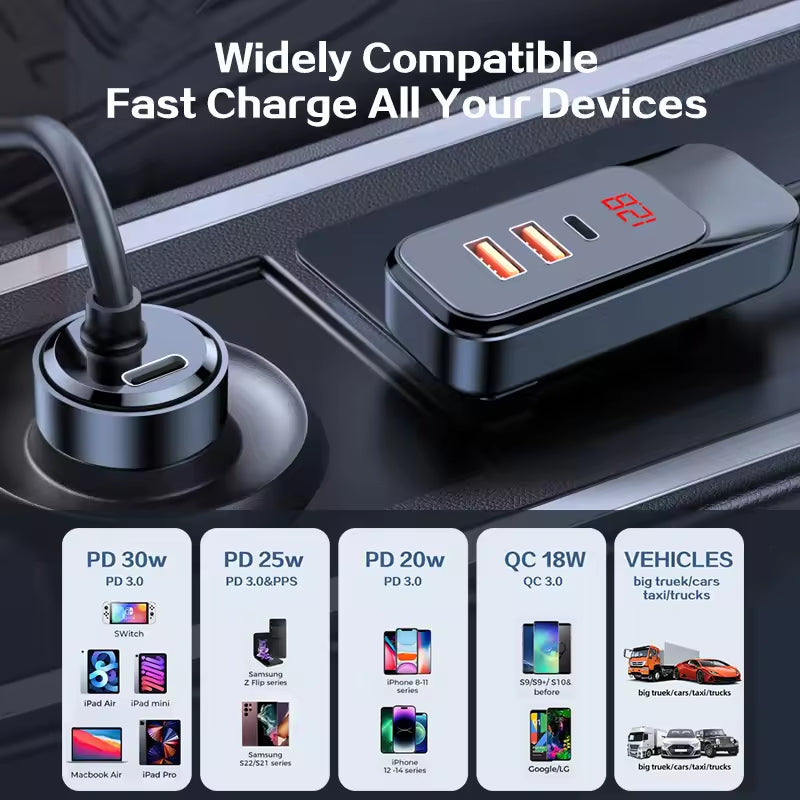 Car Charger 4-Port 120W max,with 1.5m Extension Cable for Rear Seats