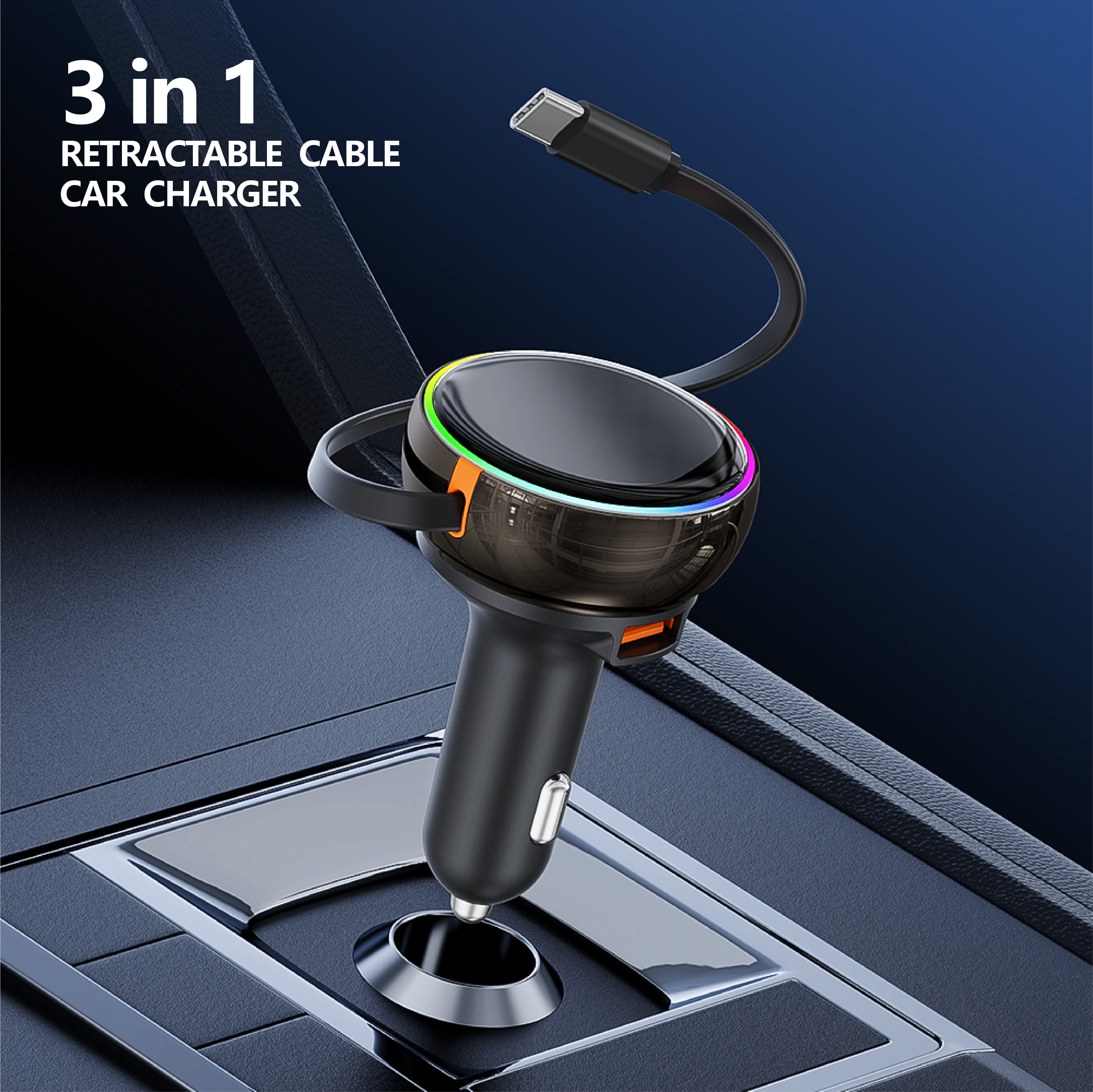 PD45W 3 in 1 Retractable Cable Car Charger