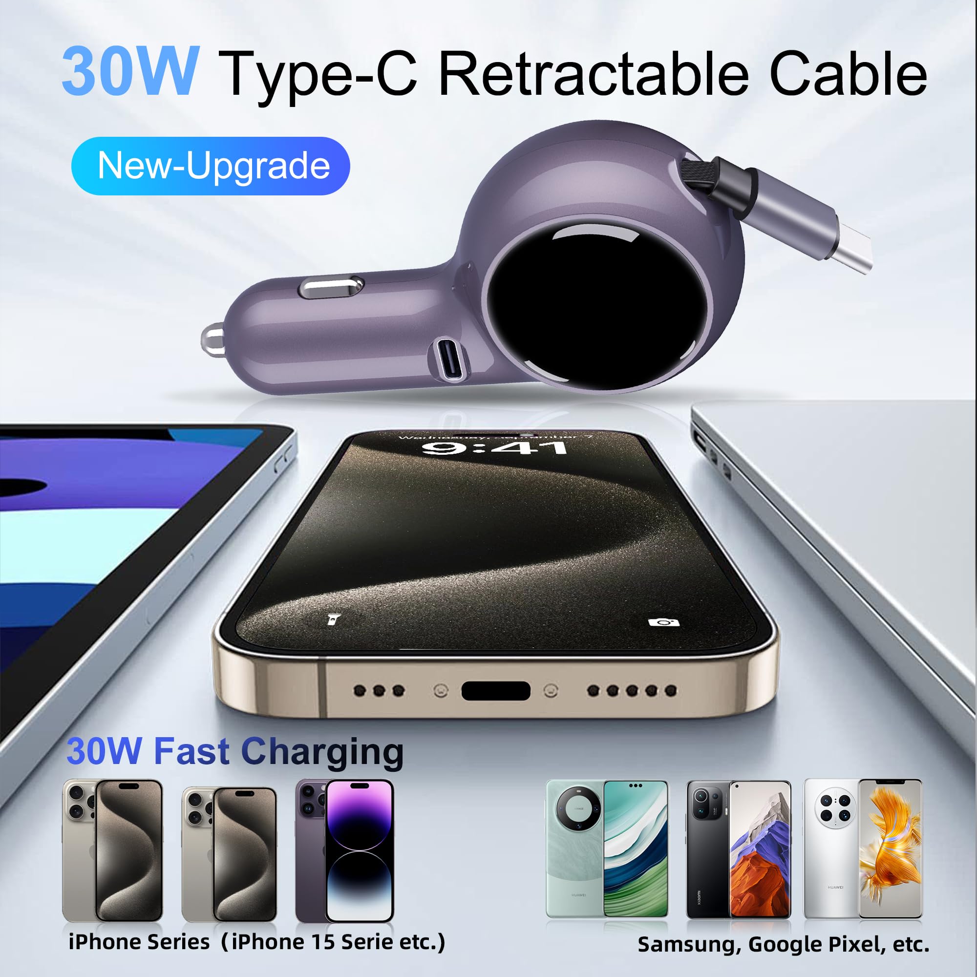 Fast Charging Car Charger with USB-C Retractable Cable