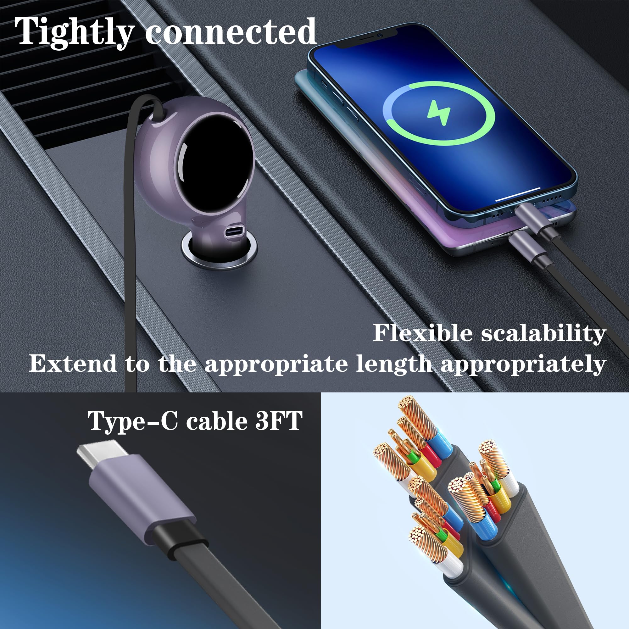 Fast Charging Car Charger with USB-C Retractable Cable