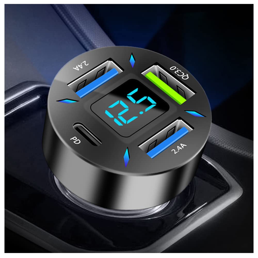 66W Super Fast Charging Car Charger with USB PD&QC 3.0 (Voltmeter & LED Lights)