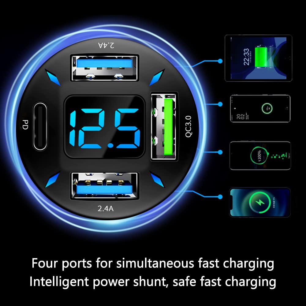 66W Super Fast Charging Car Charger with USB PD&QC 3.0 (Voltmeter & LED Lights)