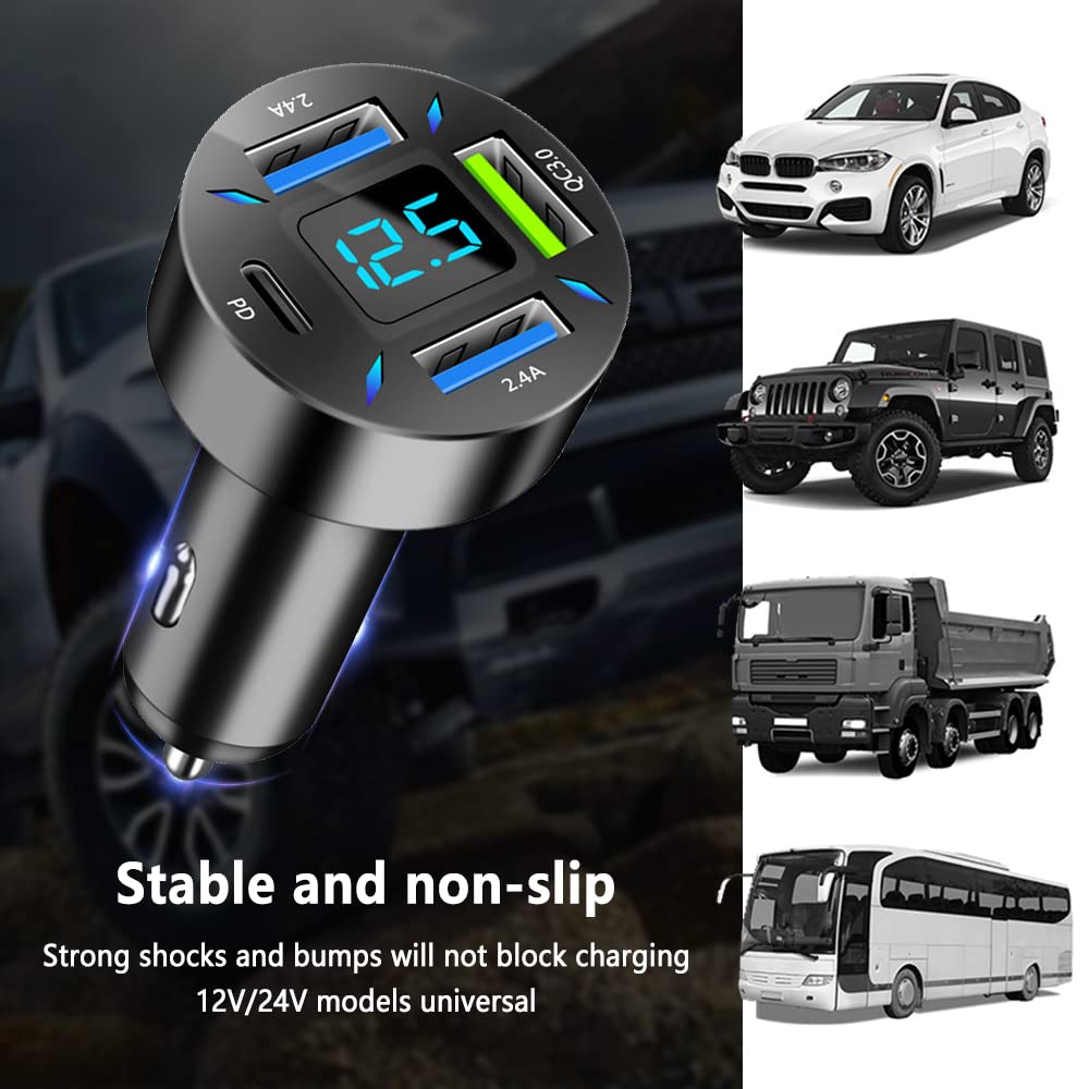 66W Super Fast Charging Car Charger with USB PD&QC 3.0 (Voltmeter & LED Lights)