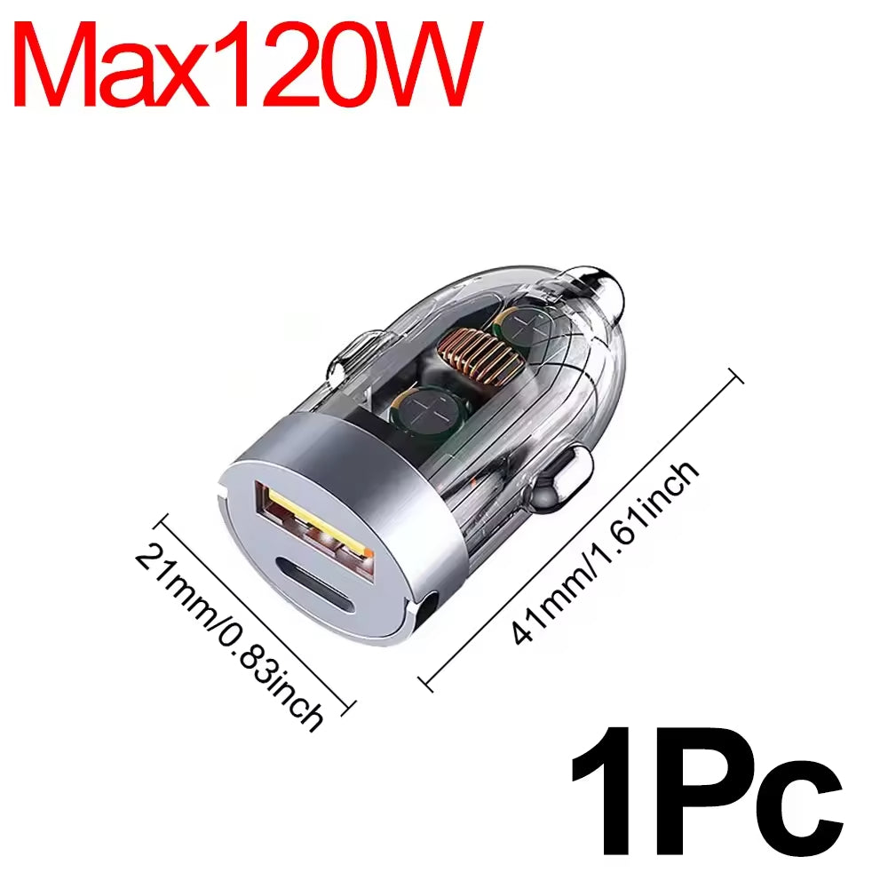120W Mini Car Charger with USB C QC3.0 PD Type C